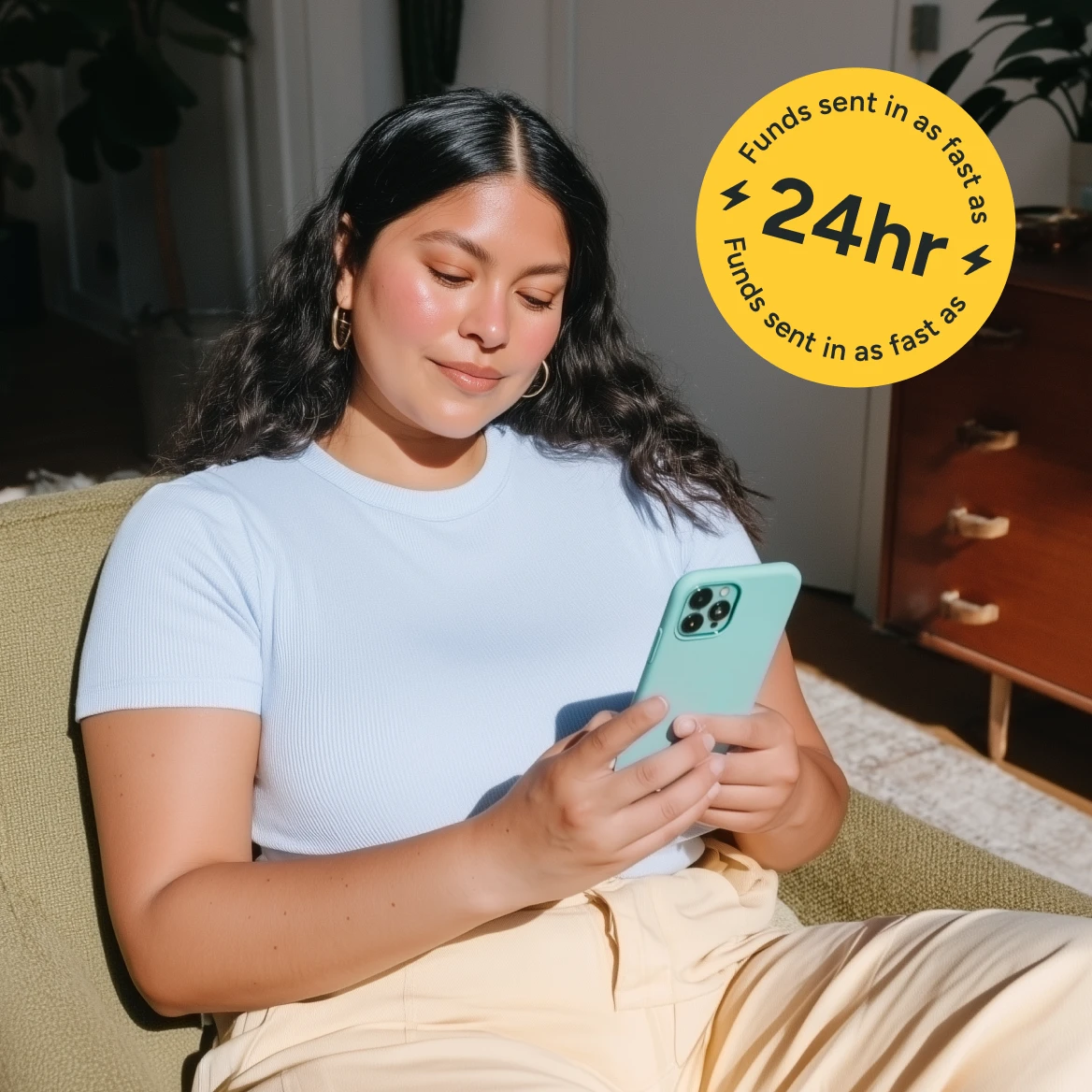 Woman using her phone to compare loan offers with badge reading “Funds sent in as fast as 24 hours”